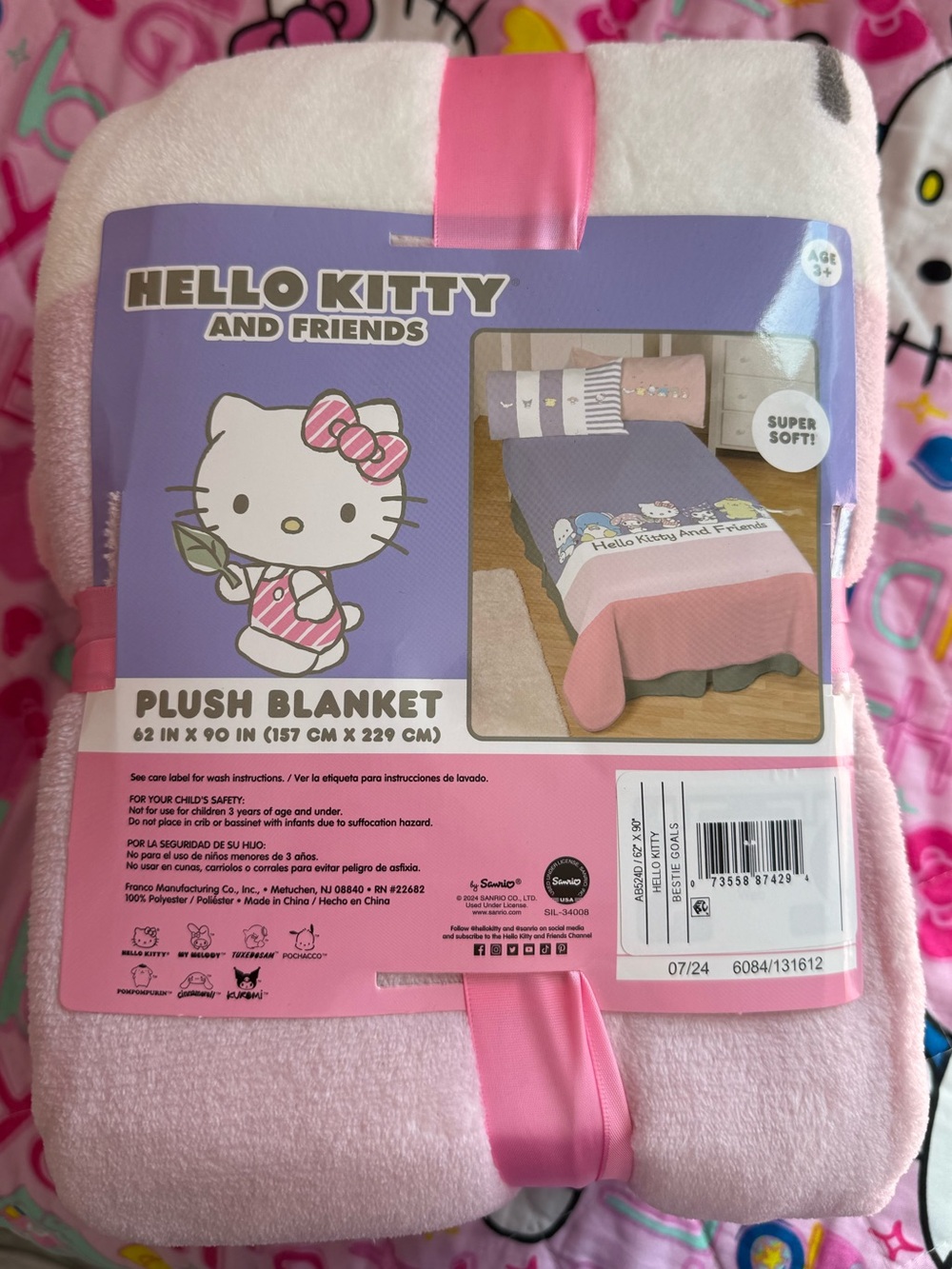 Hello Kitty Plush Blanket - Pink, White & Purple Accents